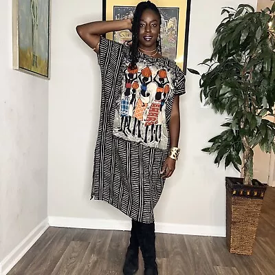 Vintage African Black & Ivory Mud-cloth Long Loose Fit W/ African Ladies Dress • $70