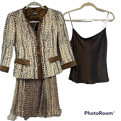 Melinda Eng Silk Suit 3 Pieces Size 6 Brown/Cream Animal Print • $24.95