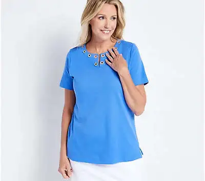 Quacker Factory Women’s Grommet Detail Split-Neck Short Sleeve T-Shirt- Periwi • $15.64