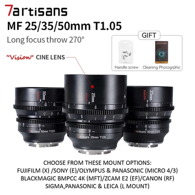 7Artisans 25/35/50mm T1.05 APS-C MF Cine Lens For X/E/M4/3/BMPCC4K/Zcam E2/RF/L • £419.95