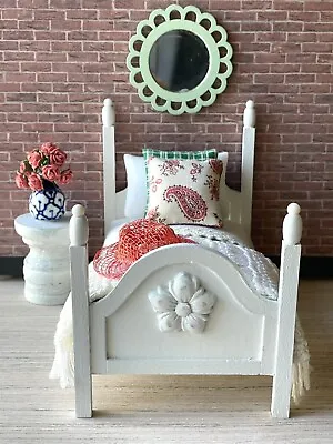 1:12 Dollhouse Miniature OOAK Handcrafted White Cottage Single Bed W/Accessories • $46