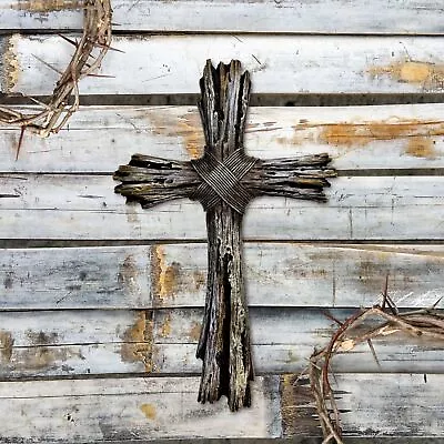 Rustic Decorative Driftwood Wall Cross Faux Weathered Wood Spiritual Wall Art • $21.80