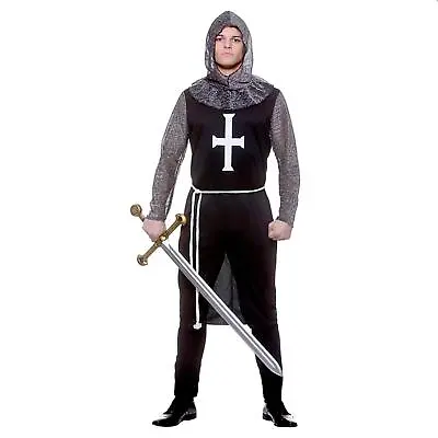 Mens Medieval Black Knight Fancy Dress Costume Chain Mail Hood Templar • £21.49