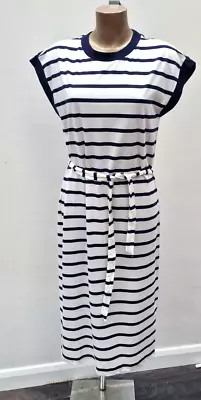 NEW  M&S Collection Striped White Navy T-shirt Belted Pure Cotton Midi Dress 10 • £16.99