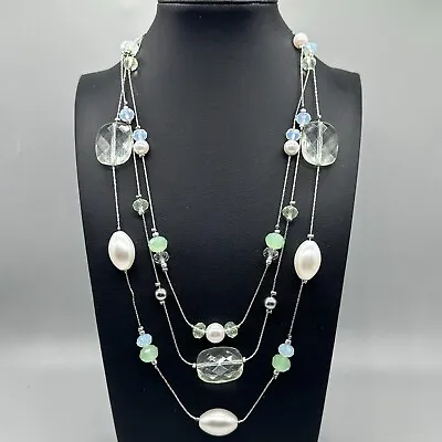 Beaded Necklace Silver Tone White Mint Green Beads Multi Strand Thin Chain 20.5  • $16.99
