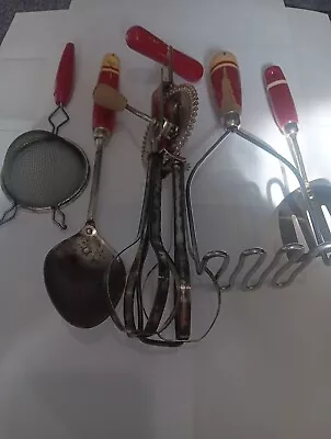 5 Vintage Red Hanfle Kitchen Utensils • $11.99