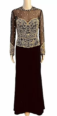 Vintage Victoria Royal Black Velvet Sheer Bodice HEAVILY Beaded Gold Dress - S • $150