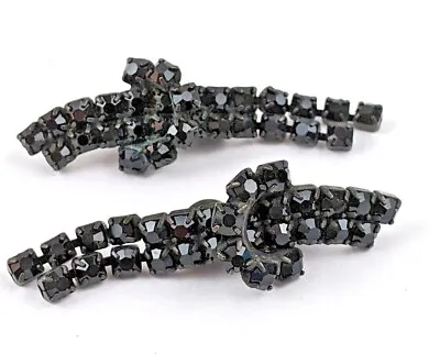 Antique Pair Victorian Japanned Prong Set Black Glass Shoe Clips With Dangles • $19