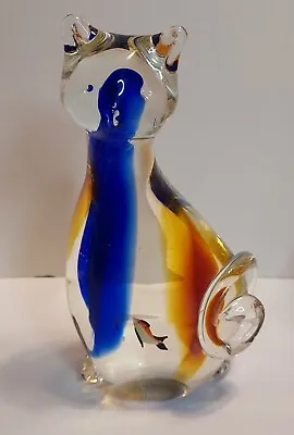 VTG Murano Italy Studio Art Glass Blue/Orange/Clear Cat/Fish 8.5  T Large Heavy  • $85