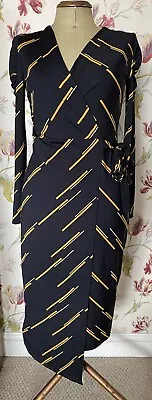 Marks & Spencer Ladies Wrap Dress With Ruched Sleeve Detail Navy & Gold Size 8 • £15