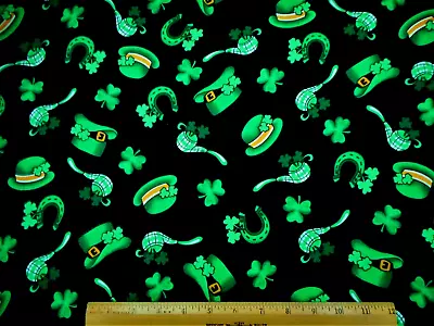 St Patricks Day Fabric 1 1/8 Yard Green Shamrocks Horseshoes Hats Black Cotton • $11.25