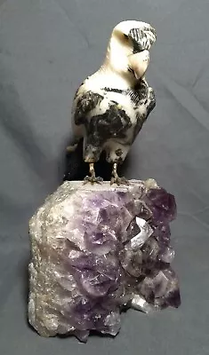 Quartz Gemstone Parrot On Amethyst Geode Base Brazil Hand Carved 7 1/2 Inch • $115