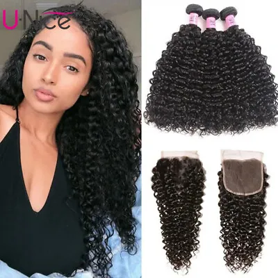 UNice 3 Bundles Malaysian Curly Human Hair Extensions With Lace Closure Wefts US • $163.98