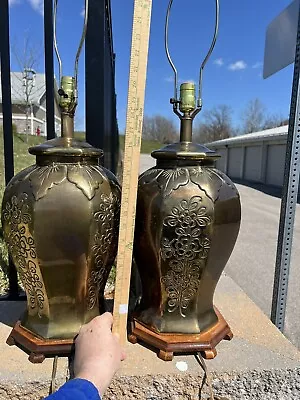 Pair Of Vintage Brass Asian Brass Table Lamps Urn Stiffel Wood Base • $295