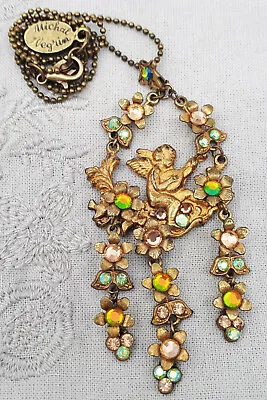 Michal Negrin Cherub Necklace Music Angel Crystals Pendant Victorian Antique • $84.15