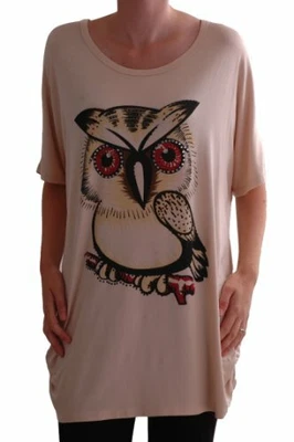 Womens Short Sleeve Scoop Neck Owl Print Long Casual Fashion T-Shirt Tunic Tops • £11.95