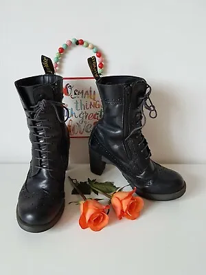 Dr Martens Regina Darcie Black Heel Leather Brogue Court Boots UK 4 EU 37 US 6 • £139