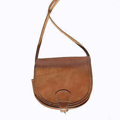Vintage Leather Saddle Shoulder Bag Hard Tan Cowhide Boho Mini Handbag Buckles • $29.99