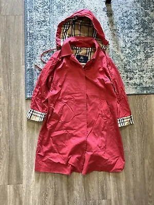 Vintage Burberry Classic Red Rain Coat Hood Checked & Wool Cashmere Lining US 8 • $145