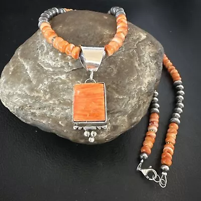 Navajo Pearls Sterling Silver Necklace Orange Spiny Oyster Pendant 17050 • $399.98