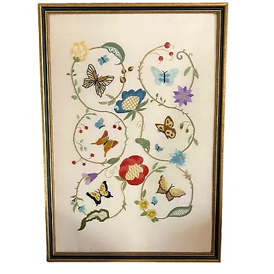 Vintage Handmade Needlepoint Butterfly Flower 16 In Framed Picture • $49.99