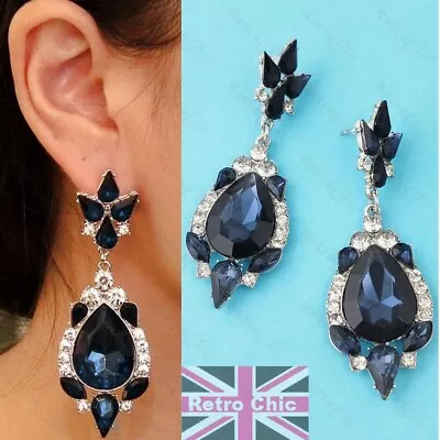 LARGE JEWEL DROP EARRINGS Vintage Style Retro BLUE RHINESTONE Crystal Silvertone • £2.99