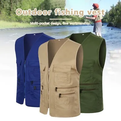 Men's Multi Pocket Vest Hiking Hunting Fishing Gilet Waistcoat Jacket Breathable • £14.66