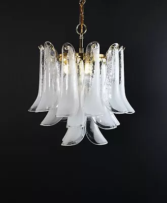 Mid Century Italian Original Mazzega White Selle Murano Glass Petal Chandelier • $1099