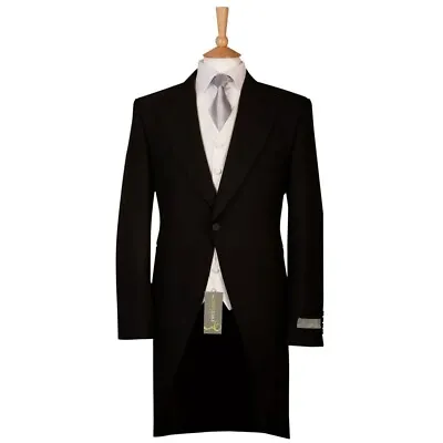 Mens Black Tailcoat Jacket Morning Suit Wool Wedding Royal Ascot Herringbone • £99