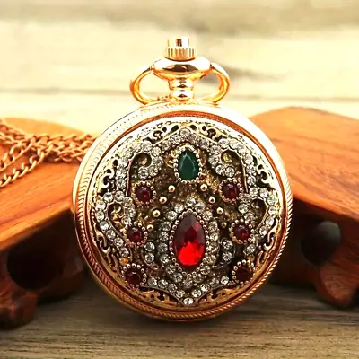 Retro Gorgeous Red Gem Pocket Watch Unisex Flip Vintage Pocket Watch Gift Golden • $33.98