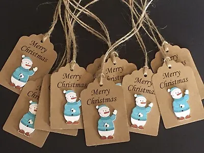 £2.45 • Buy 10 Kraft Embellished  Merry Christmas Cute Blue Snowman Button Gift Tags +  Ties