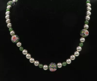 925 Sterling Silver - Vintage Jade & Enamel Floral Beaded Chain Necklace- NE3489 • $140.41