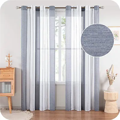 £7.99 • Buy Striped Voile Curtains Grey Sheer Window Curtains With Eyelet Ring Top Heading