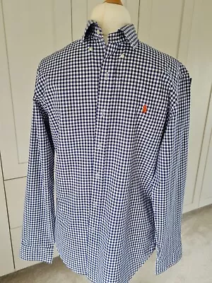 Polo Ralph Lauren Shirt L Large Mens Blue Check Slim Fit Cotton Long Sleeve • £18