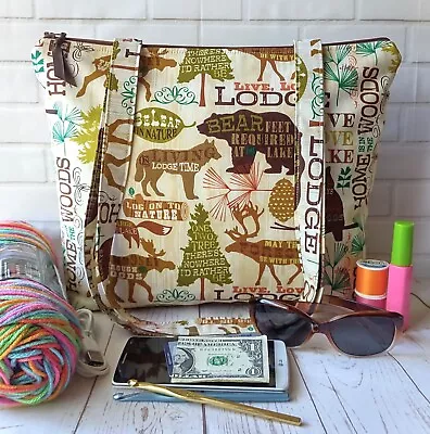 Handmade Zipper Handbag Shoulder Bag Lake Lodge Moose Bear Owl Fabric Tote Set • $36