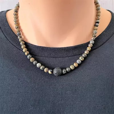 Artistic Stone And Black Lava Mens 6mm Beaded Necklace • $28