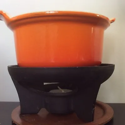 Vintage 1980's Cast Iron Le Creuset Chocolate Fondue Set In Volcanic Orange. • £48