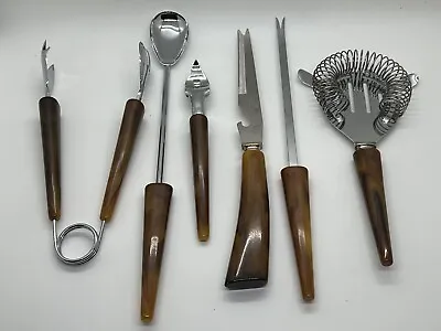 Vintage Amber Carmel Bakelite Sheffield Stainless Steel Bartending Cocktail Set • $65