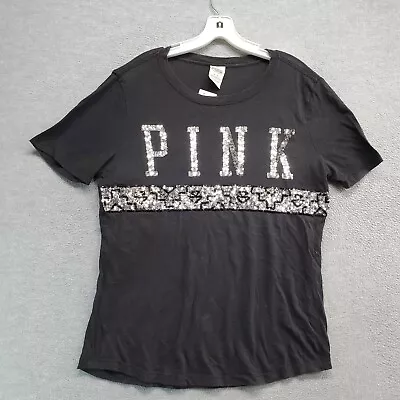 Pink Victorias Secret Women Top M Black Shirt Logo Bling Sequins READ • $19.89