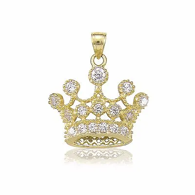 10K Solid Yellow Gold CZ Crown Pendant - Cubic Royal Necklace Charm Women Men • $89.93