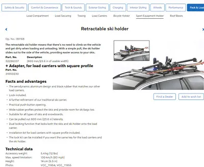 Volvo S60 S90 XC40 XC60 XC90 Aluminum Roof Top Retractable Ski Holder 32296337 • $386.90