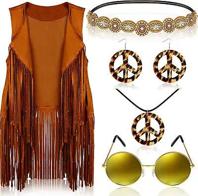 6 Pcs 60s 70s Outfits For Women Hippie Costume Set Peace Sign Earring Headband F • $43.15