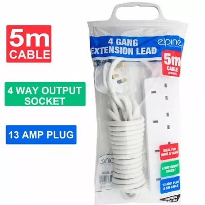 4 Way 4 Gang Extension Lead Uk Main Power 4 Sockets 13a Electricity Cord Plug 5m • £14.99