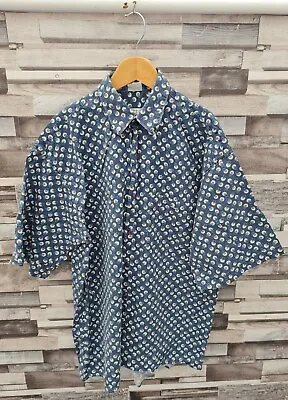 Fictif Collection Vtg 90s Blue Boho Patterned Button Up Smart Short Sleeve Shirt • £11.99
