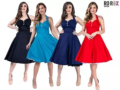 Ladies 1950s Swing Pin Up Summer Dress - Women's Retro Halter Neck Party Dress • £14.99