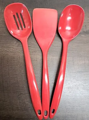 3 Pc Red Melamine Kitchen Utensils Basting - Slotted Spoons Turner Spatula Used • $9.97