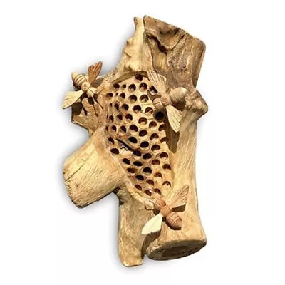 Beehive Wood Sculpture Bumble Bees Wall Ornament Hand Carved Bee Teak Root Decor • £19.99