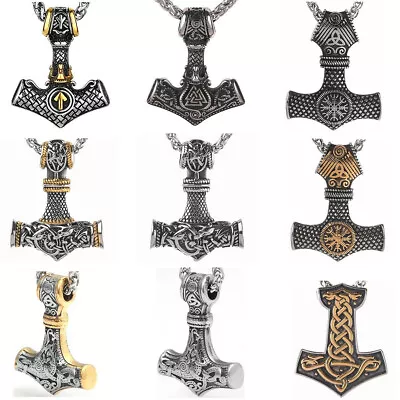 Men's Vintage Stainless Steel Norse Viking Thor Hammer Mjolnir Pendnt Necklace • $8.99