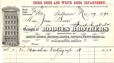 Hodges Brothers Baltimore MD 1890 Billhead Dress Goods Hosiery Gloves • $14.44