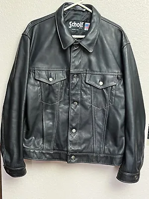 Vintage Schott Black Leather Jean Trucker Jacket Men's XL Made In USA  • $595